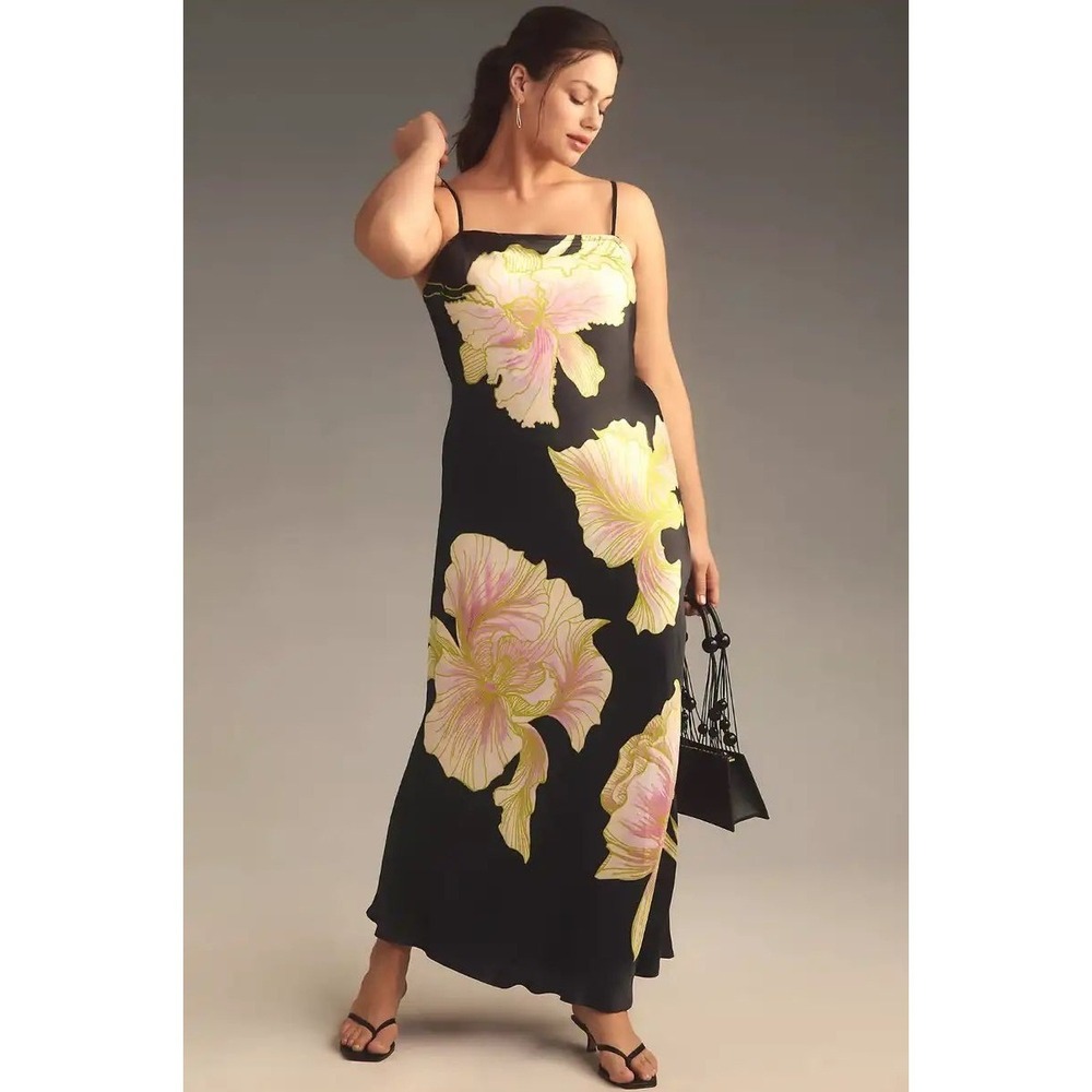 Anthropologie Condions Apply Chloe Floral Satin Maxi Dress Black Pink Green S